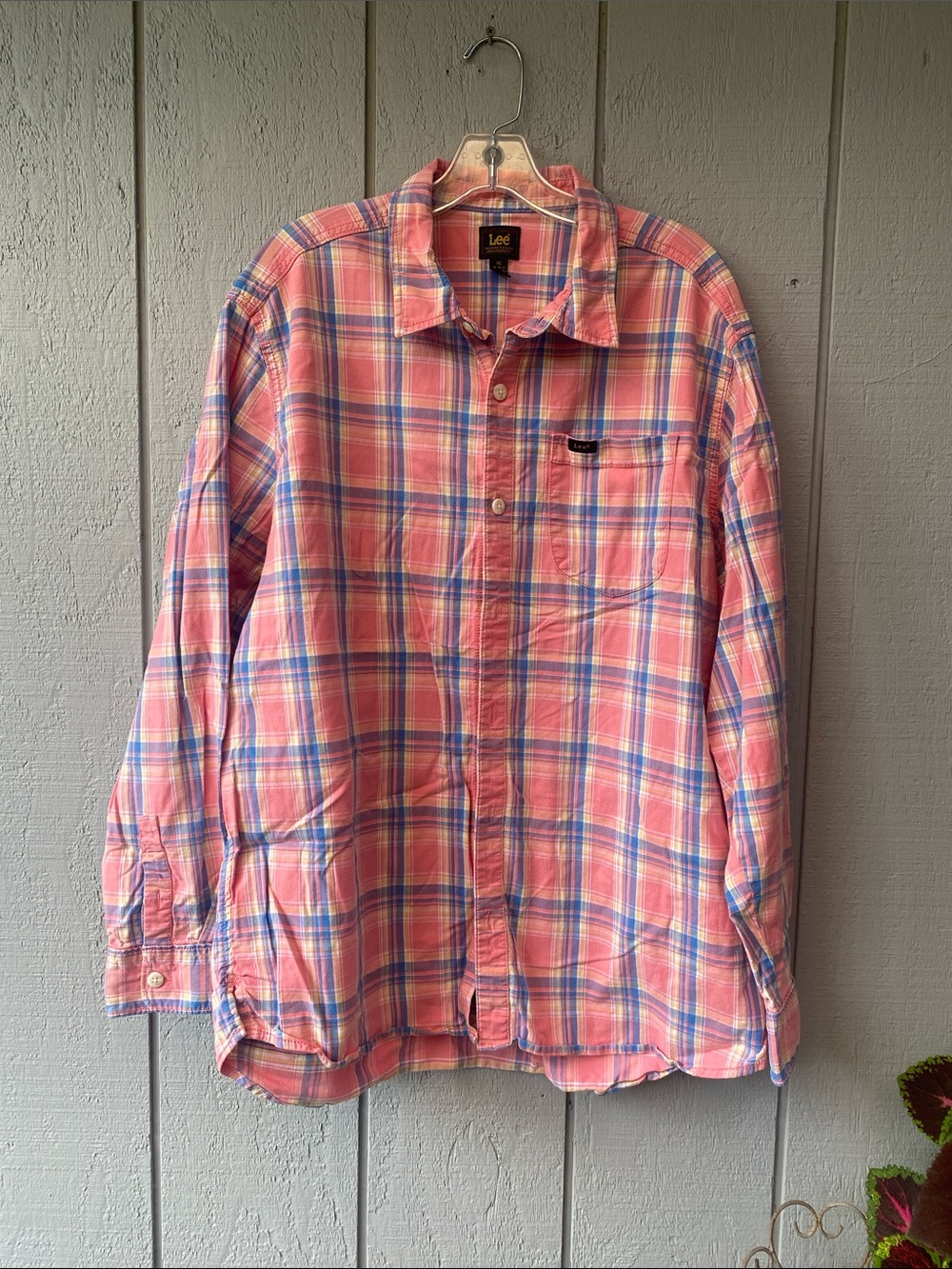 Lee Women’s Pink Plaid Button-Down Shirt with Blue Accents